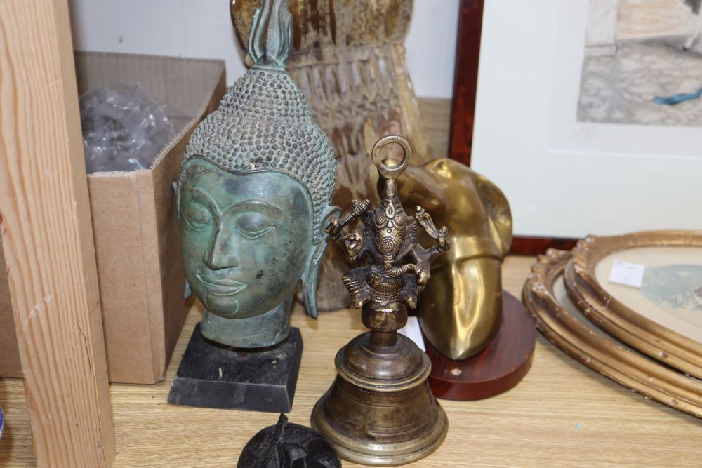 Mixed collectables including a Buddha head, Ganesh bell, a European grain scoop, a bronze dog etc.